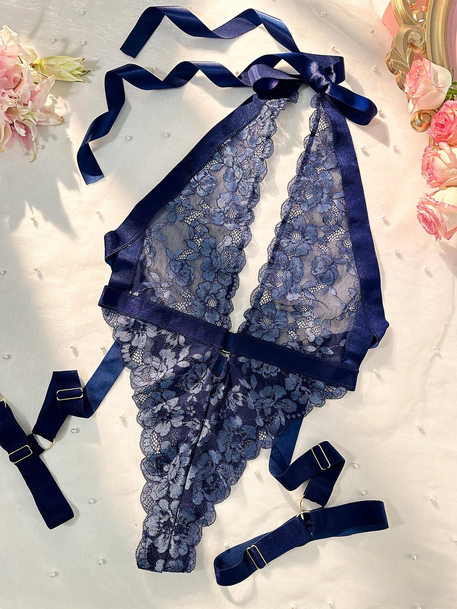 Deep Blue Lace Bodysuit Halter Neck Open Back Shapewear Hello.LA.Girl